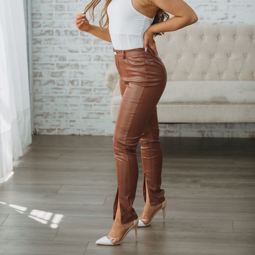 Faux Leather Brown Split Front Pants